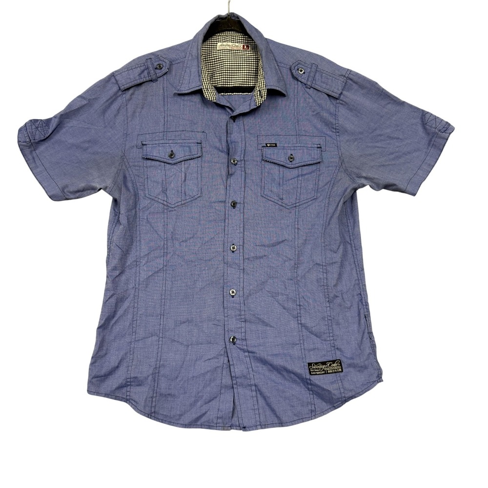 Sovereign Code Shirt Mens Large Blue Champion Short Sleeve Button Front Casual
